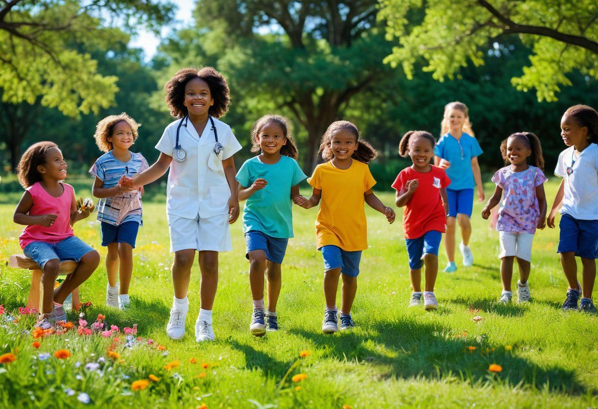 A joyful scene of diverse children playing in a sunny Texas park, surrounded by caring pediatricians engaging with them, showcasing playful medical tools like colorful stethoscopes and toy doctors kits. In the background, emphasize lush greenery and Texas wildflowers, symbolizing growth and hope. Highlight the warmth and connection between caregivers and children to depict a bright future. vibrant colors. super-realistic.