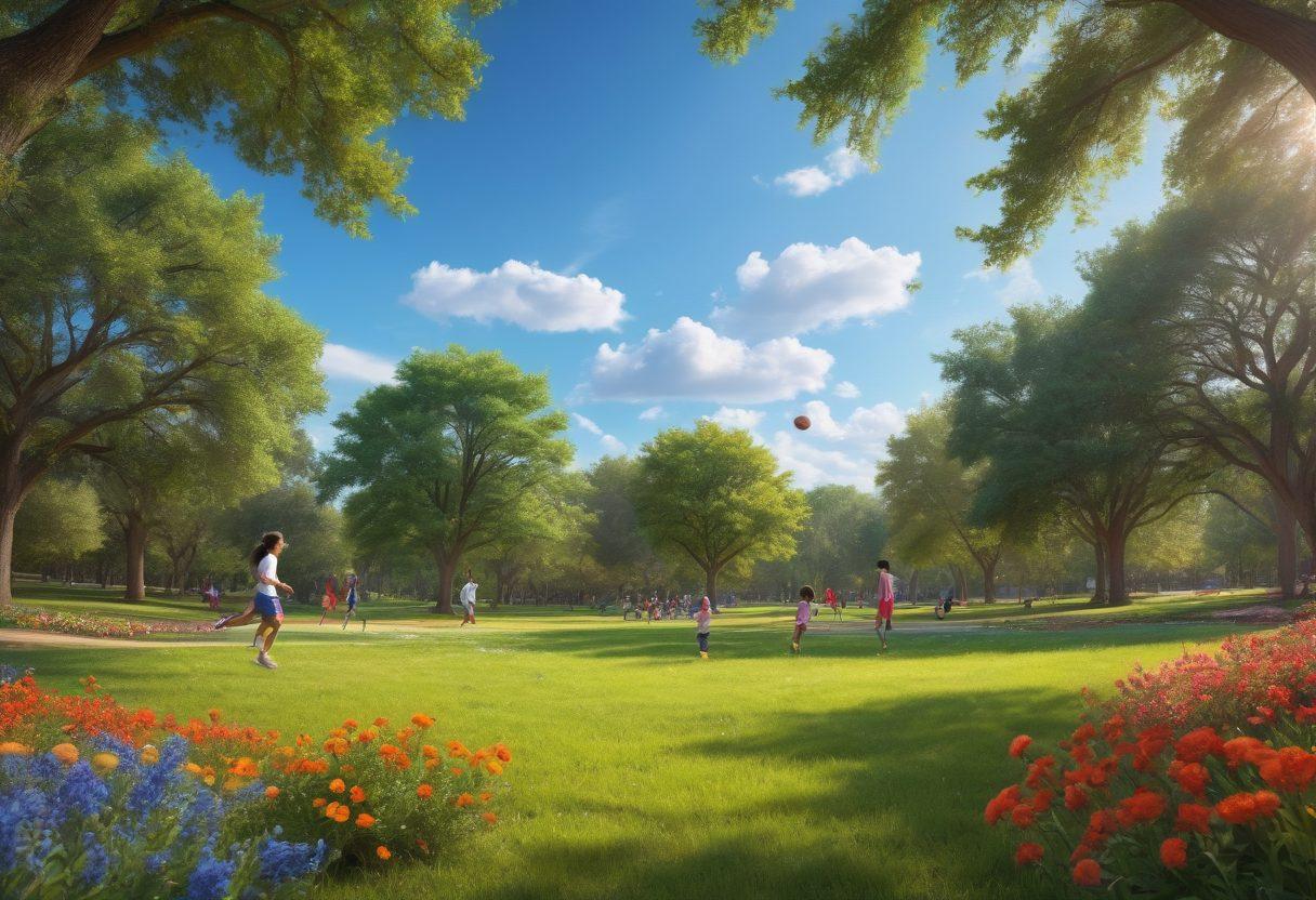 A vibrant scene of diverse Texas children playing outdoors in a sunlit park, surrounded by green trees and colorful flowers, showcasing various activities like jumping rope, playing soccer, and enjoying healthy snacks. The background includes a bright blue sky with fluffy clouds and a sense of community and happiness. Emphasize joy, health, and nature in the composition. super-realistic. vibrant colors. 3D.