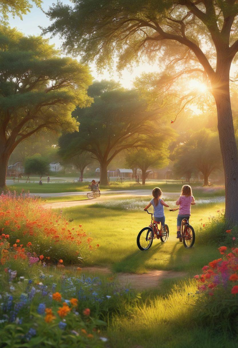 A vibrant outdoor scene showcasing happy Texas children playing in a sunlit park, surrounded by blooming wildflowers and tall trees. Include kids engaged in activities like riding bikes, flying kites, and laughing together, embodying the spirit of joy and health. Add a warm Texas sunset in the background to enhance the cheerful atmosphere. super-realistic. vibrant colors.